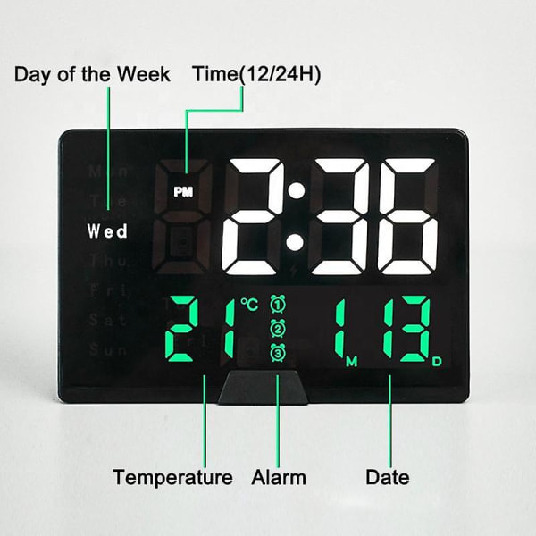 Digital vekkerklokke med stor LED-tidsvisning, justerbar alarmvolum, lysstyrke, alarm-innstillinger, USB-lader, temperaturmåling, snooze