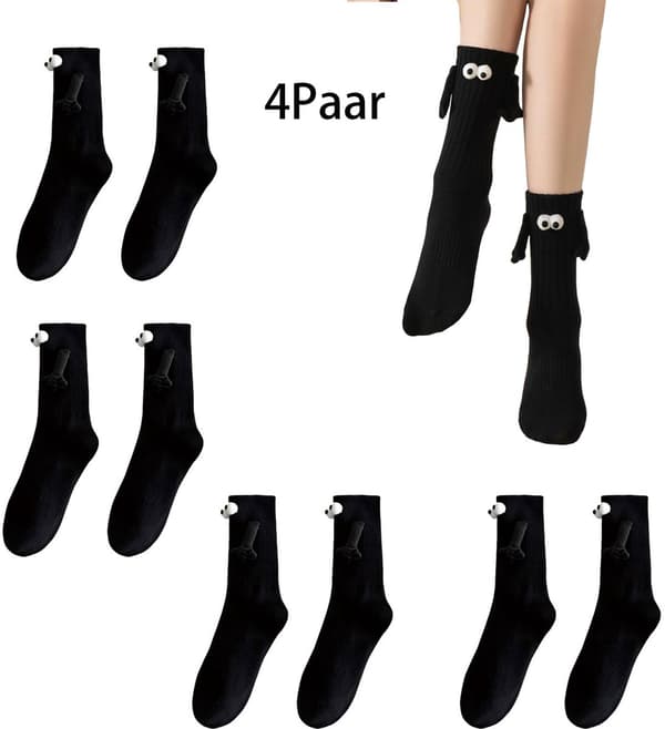 Magnetiske mid-lægstrømper, fire par, one size fits all, velegnet til par eller bedste venner, sort.