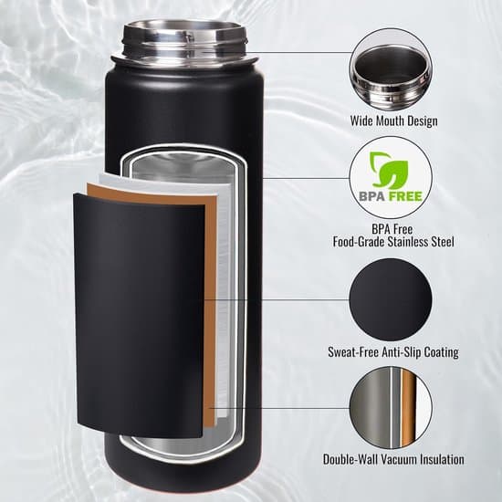 ING 25oz Fuldt Isoleret Vandflaske - 304 Rustfrit Stål - Holder dig kold i 24 timer og varm i 12 timer - Sort