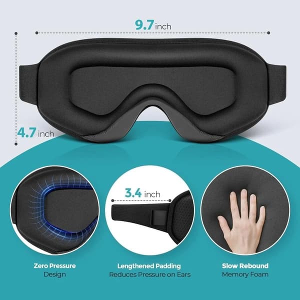 3D memory foam sovemaske, fuldstændig lysblokerende og trykfri, velegnet til sidesovende, sort.