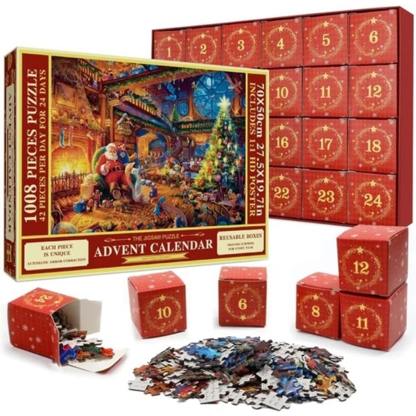 Pussel Adventskalender 2024, 1008 Pusselbitar 24 Dagar av Julnedräkning Adventskalendrar