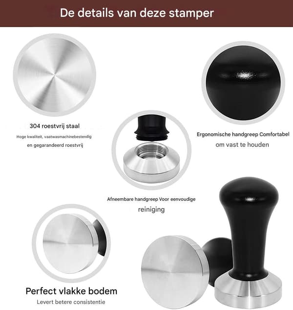 Kaffetamper sæt (6 dele), 51mm, 350ml, barista tilbehør, sølv.