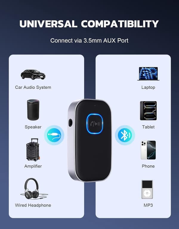 Bluetooth-mottaker - BT 5.0, 3,5 mm AUX, Bluetooth-mottaker aux - Bluetooth-mottaker bil - Bluetooth-mottaker bil aux - Bluetooth-mottaker