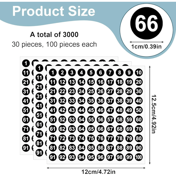 30 STK 1-100 Nummerstickers i rad, Vinyl Mini Nummer Etiketter, Självhäftande Runda Numrerade Etiketter för Förvaring