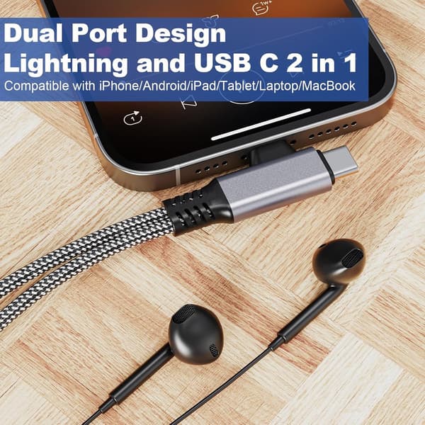 2-i-1 USB-C- og Lightning-til-3,5 mm hodetelefonadapter med ladeport, egnet for iPhone 15/14/13/12/11, Android, iPad, bærbar PC, MacBook