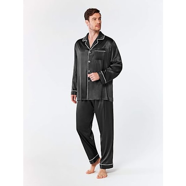 Herre Satin Pyjamas, Kortærmet Pyjamassæt med Knapper og Lommer, Sort l Black