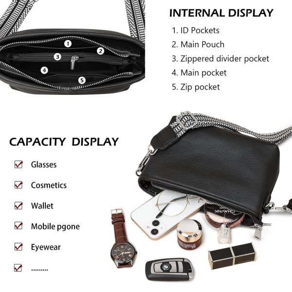 Axelväska för damer, bred rem, crossbody-väska, läderväska, axelväska
