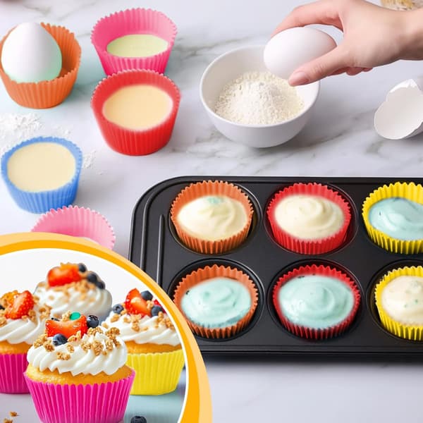 24-delt silikonmuffinsformsett, gjenbrukbar non-stick baking, perfekt for feriefester, fargerik.
