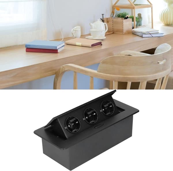 Desktop pop-out USB-strømskinne (sort), 3 stikkontakter, 1,5 meter kabel, velegnet til brug i konferencelokaler og køkkener.