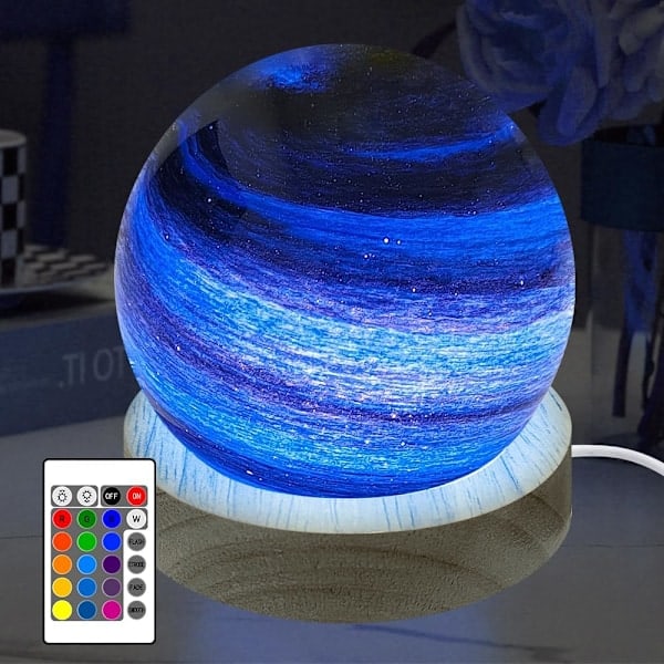 3D Planet Glass Ball Night Light, Remote Control, 16 RGB Colors, Dimmable, Wooden Base (8cm) cc