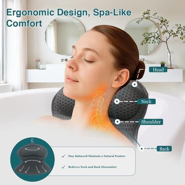 Badekarpute, 4D nettingstoff, 6 sugekopper, støtte for hode og nakke i spa, grå.