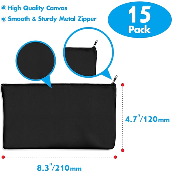 15 Pakker Håndværk Bomuld Lynlåssposer Kosmetik Opbevaringspose (Sort, 21 X 13Cm) Black