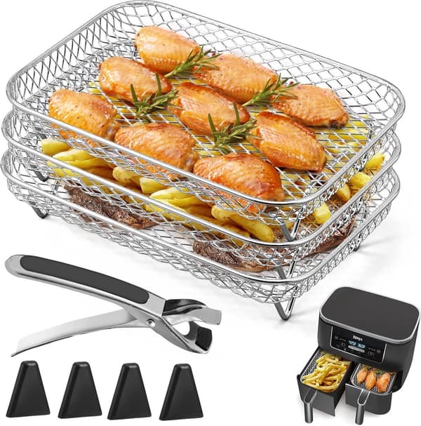 Airfryer-rist - trelags dehydreringsrist - rektangulær grillrist i rustfrit stål