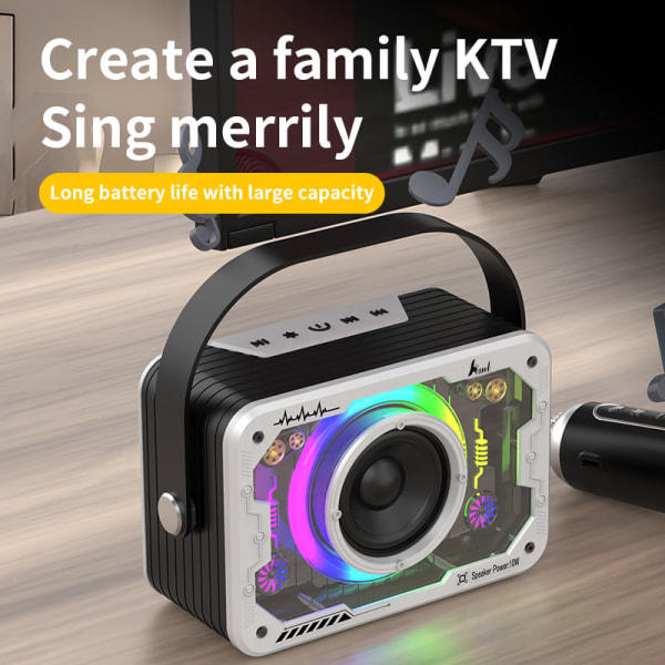Bärbar Bluetooth-högtalare med 1 trådlös mikrofon med LED-lampor Handhållen karaokemaskin för vuxna barn Familjefest - Silver
