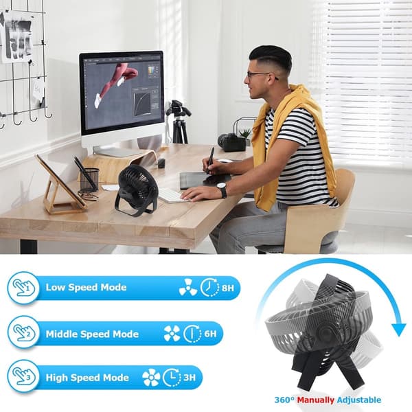 USB bordventilator, 3-i-1 med 3 hastighedsindstillinger, 360° justerbar.