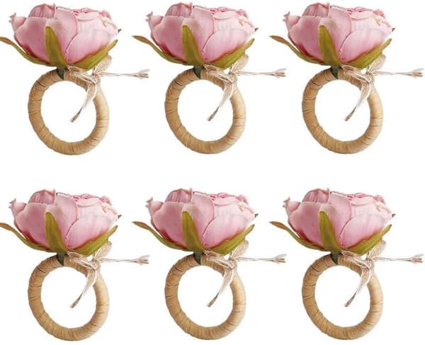8 Blomservettringar - Rosa Handgjorda Servettringar - För Bordsdekoration