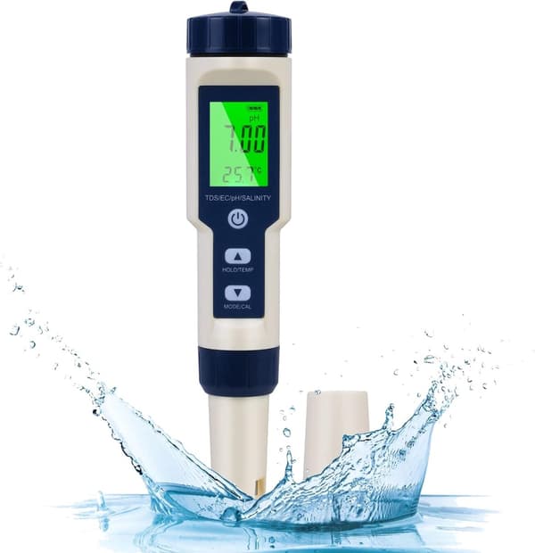 5-i-1 vandkvalitetsanalysator (pH/TDS/EC/salinitet/temperatur), LCD-baggrundsbelysning, velegnet til akvarier, swimmingpools og hydroponik. 1 enhed.