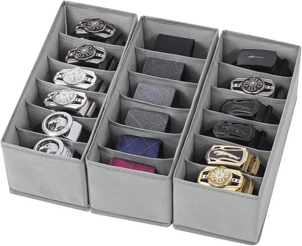 3-delt stofbælteorganizer, velegnet til garderobeskabe og skuffer, foldbar skuffeorganizer med 6 rum, slips-holder, slips-boks - grå