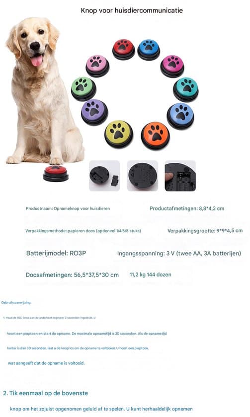Hundeleke - Hundebuzzer med opptakbare knapper - 8 hundeinteraksjonsknapper
