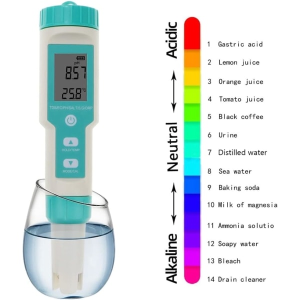 7-i-1 Elektronisk pH-mätare - Multifunktionellt vattenprovningsverktyg - Mäter pH, TDS, Temp, SG, EC, ORP