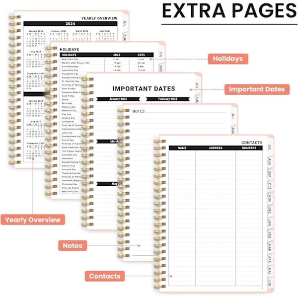 Akademisk Planerare 2024-2025 - Månads- och Veckokalender, A5, Juli 2024-Juni 2025, Perfekt för Kontorsmaterial, Rosa
