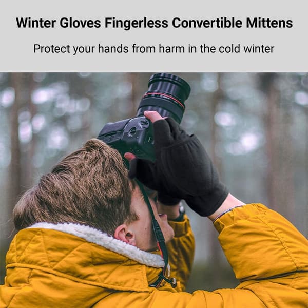 Dobbeltsidede fingerløse touchscreen termohandsker (1 par), størrelse S, håndbredde 7-8 cm, fleece, sort.