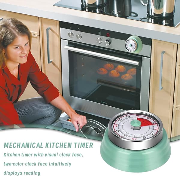 Mekanisk kjøkkentimer, 60 minutters nedtellingstimer, rustfritt stål, retrodesign, mintgrønn, kort timer for matlaging og baking
