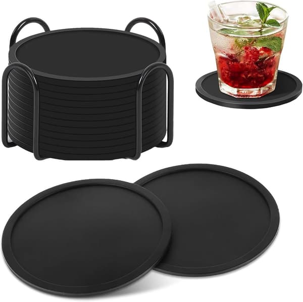 Silikone coasters med stativer - 12 stk. - 10cm - Runde coasters - Sort