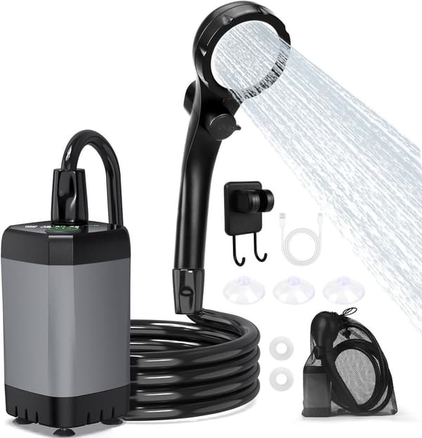 Utomhus campingduschpump, 6000mAh, IPX7 vattentät, med temperaturdisplay, grå.