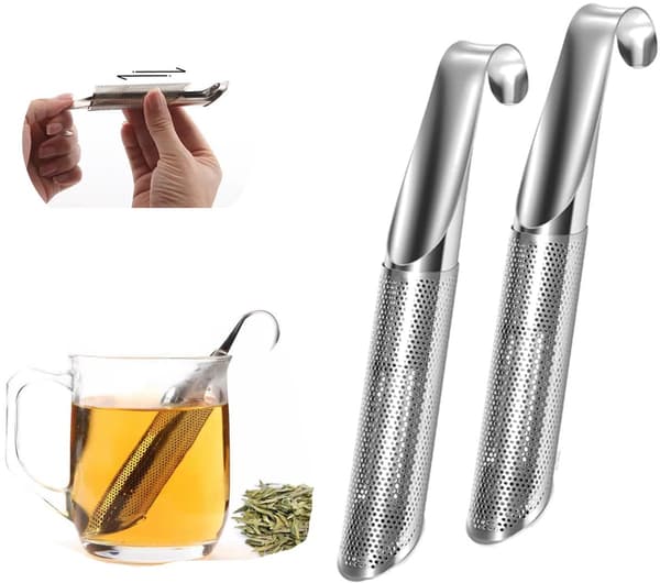 2 stk. – Tesil – Hengende – Rustfritt stål – Rørformet – Med krok-håndtak – Teinfuser – 14,5 × 2,1 × 8,1 cm – Sølv