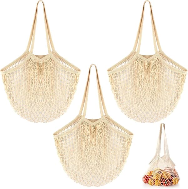 Sett med 3 bomullsnettposer - 35x35cm - Handlenett - Lange håndtak - Gjenbrukbart og vaskbart - Handlepose - Nettingpose - Retro - Bærekraftig - Beige