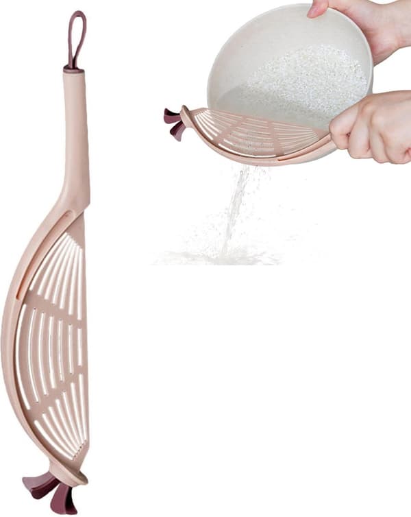 Multifunksjonell risavrenner (rosa), for drenering og oppbevaring av ris, frukt og grønnsaker.