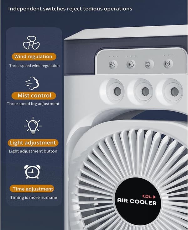 Bærbar isterningventilator med vandkølet luftkøler, 3-i-1 mini fordampningskøleventilator med LED-belysning, timer, 3 blæserhastigheder og spraytilstand.