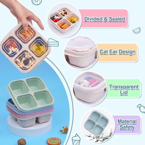 Bento-boks sæt med fire rum og sovsbeholder, velegnet til børn og voksne, perfekt til skole, arbejde og rejser.