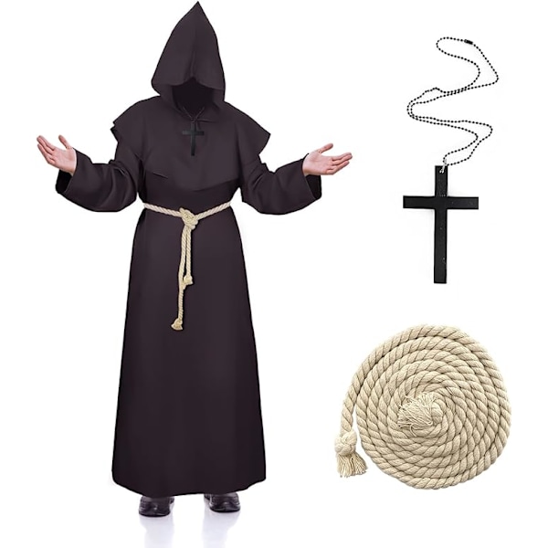 Renässans Medeltida Munkdräkt, Präst Präst Herrdräkt Medeltida Frate Dräkt med Huva och Korshalsband München Kostym Halloween Brown XL