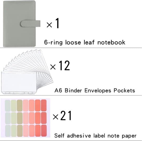 A5 PU lædermappe - Genanvendelig 6-huls mappe - Billig mappe - A5 notesbogsmappe (med for) - Grå