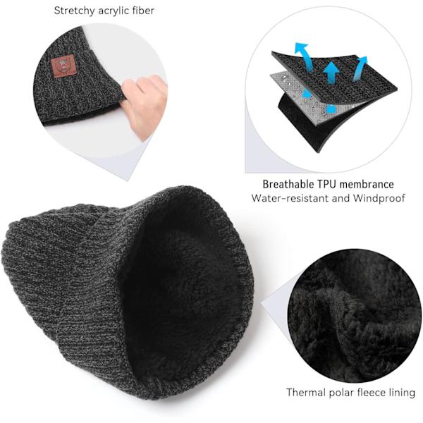Strikkede Vinterlue, Termisk Tykk Polarfleece Snølue for Menn og Kvinner Black+Light Gray