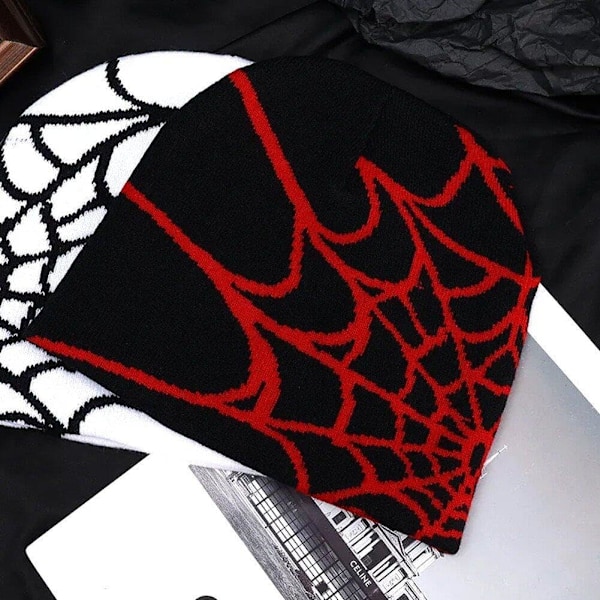 Spider Web Cap Beanie Uldblendt Hætte Y2k Street Cap Vinter Varmt Hat Mode Hip Hop Skull Cap Til Mænd Kvinder Rød RED