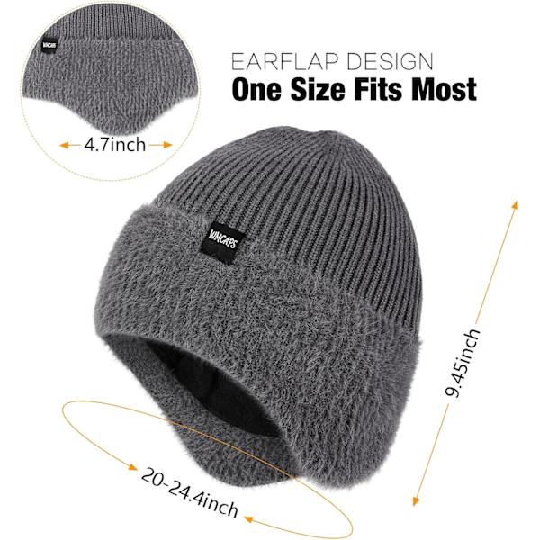 Vinterfleece Line Beanie med Øreklaff for Menn og Kvinner, Utendørs Varmt Termisk Strikket Hette Gray