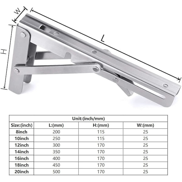 Foldbar firkantet 400 mm foldbart rustfrit stål beslag firkantet til væg Etagere 2 stk