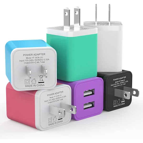 6-pakning USB-vegglader, iGENJUN 2.4A Dobbel USB-port Kubisk Strømadapter Hurtiglader for iPhone 15/15 Pro/15 Pro Max