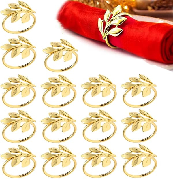 Servettringar - 18-pack - Servettklämmor - Lövformade servettringar - Guldservettringar