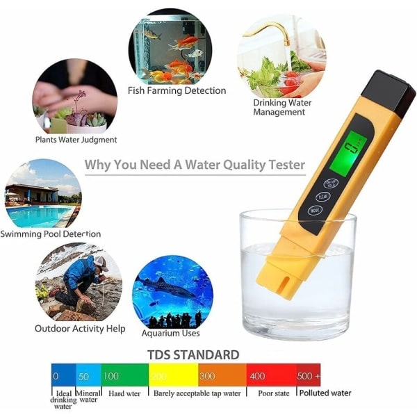 Digital TDS-tester, bærbar penn + pH-papir, vannkvalitet TDS EC temperatur renhetsmåler Temp PPM-tester termometer for vann, 4 skjermmodus