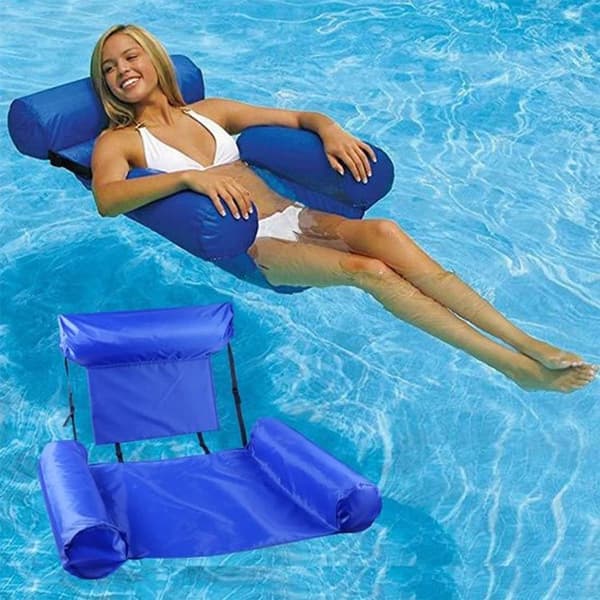 Blå uppblåsbara flytande solstolar, poolhängmattor, flytande sängar, strandmattor