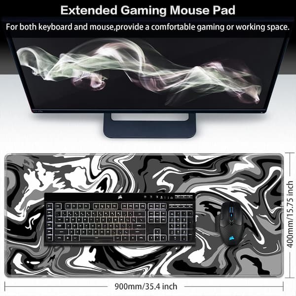 Gaming musematte - Musematte 900 x 400 mm - Liquid Art musematte - Abstrakt bølgemusematte (svart)