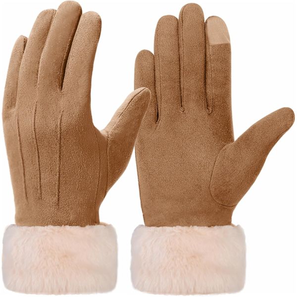Khaki Damhandskar för kvinnor med pekskärm, vintervarma fleecefodrade, fullfinger termiska mockahandskar med pälsmanschett Khaki