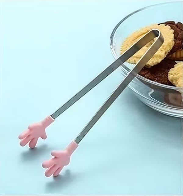 Håndformede silikon mini matklyper 4-delt sett, håndtak i rustfritt stål, for å gripe isbiter, frukt og grillmat, rosa.
