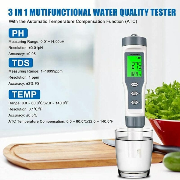 PH-mätare, 3-i-1 Elektronisk Pool PH-mätare, TDS-mätare Temperatur, Vattenkvalitetsmätare med LCD-display och Hög Noggrannhet