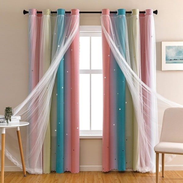 IC Dream Star Mørklægningsgardiner til børneværelse Flickrum Prinsessegardin til datters soveværelsesvindue (Pink Blå, B132 X H244cm)