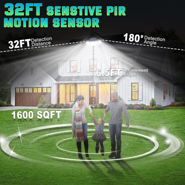 Solcellslampor utomhus vattentät rörelsesensor 300 LED superljus 3 ljusstyrka 3 lägen 360° belysning 32 fot - 1 förpackning